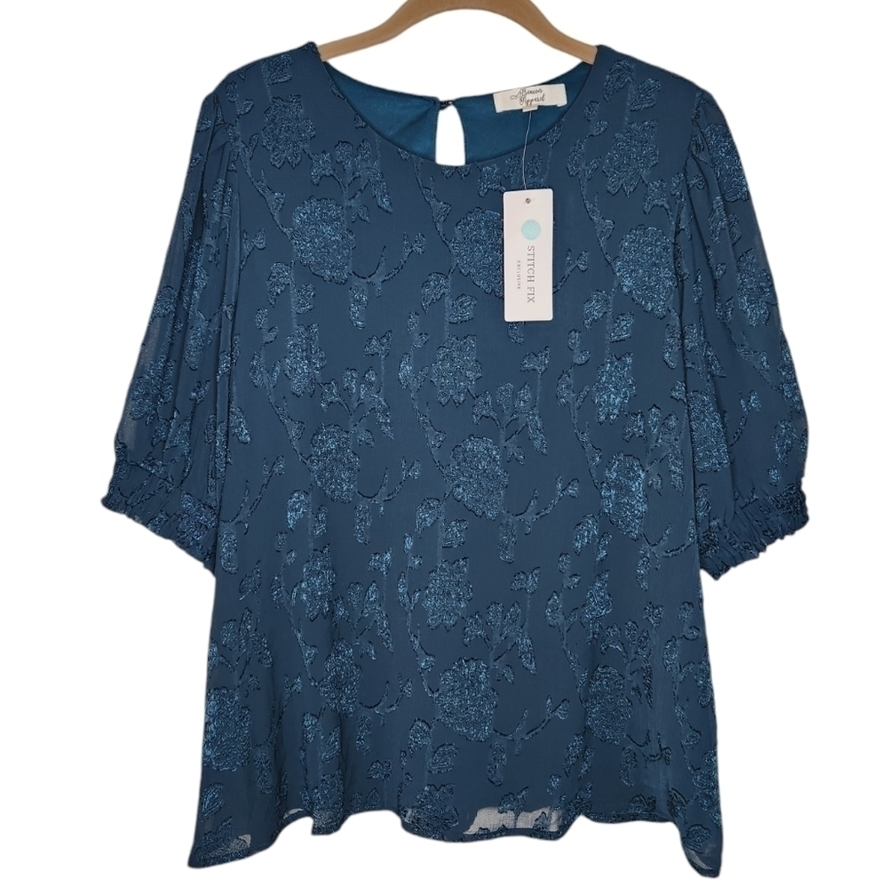 Beacon Apparel Jacquered A-Line Short Puff Sleeve Top Size L Teal Blue/G…